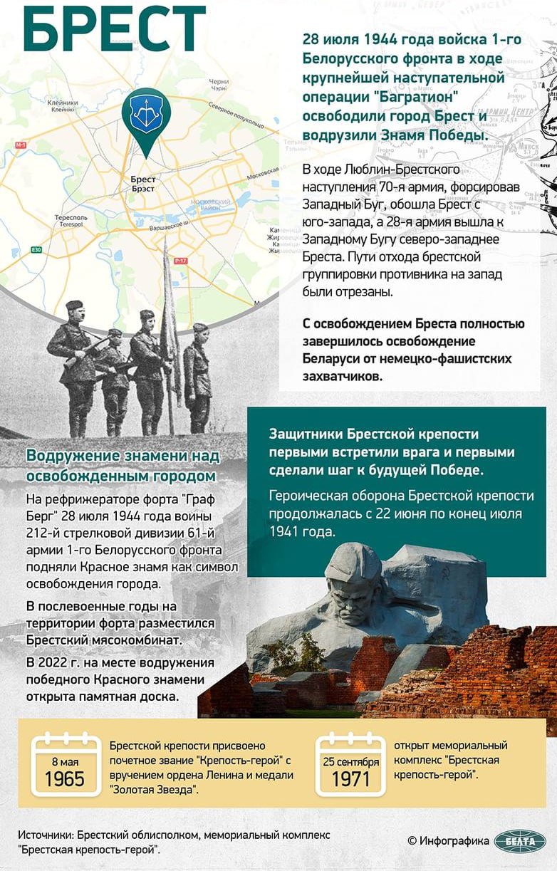 28 июля 1944 года войска 1-го Белорусского фронта в ходе крупнейшей наступательной операции «Багратион» освободили город Брест и водрузили Знамя Победы